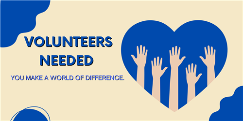 Blue, yellow background "Volunteers needed", "You make a world of a difference." Heart, hands in the hair